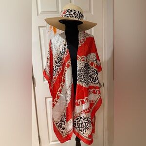 New Adrienne Vittadini Red and White Chain-Print Kimono Cover-Up and hat set